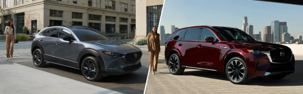 Quel VUS Mazda choisir image d'une femme avec un CX-30 et femme avec un CX-90